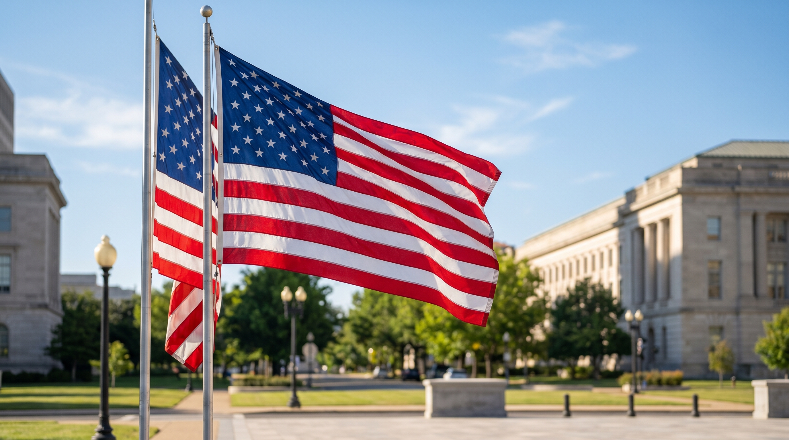 American flags flying in a civic setting